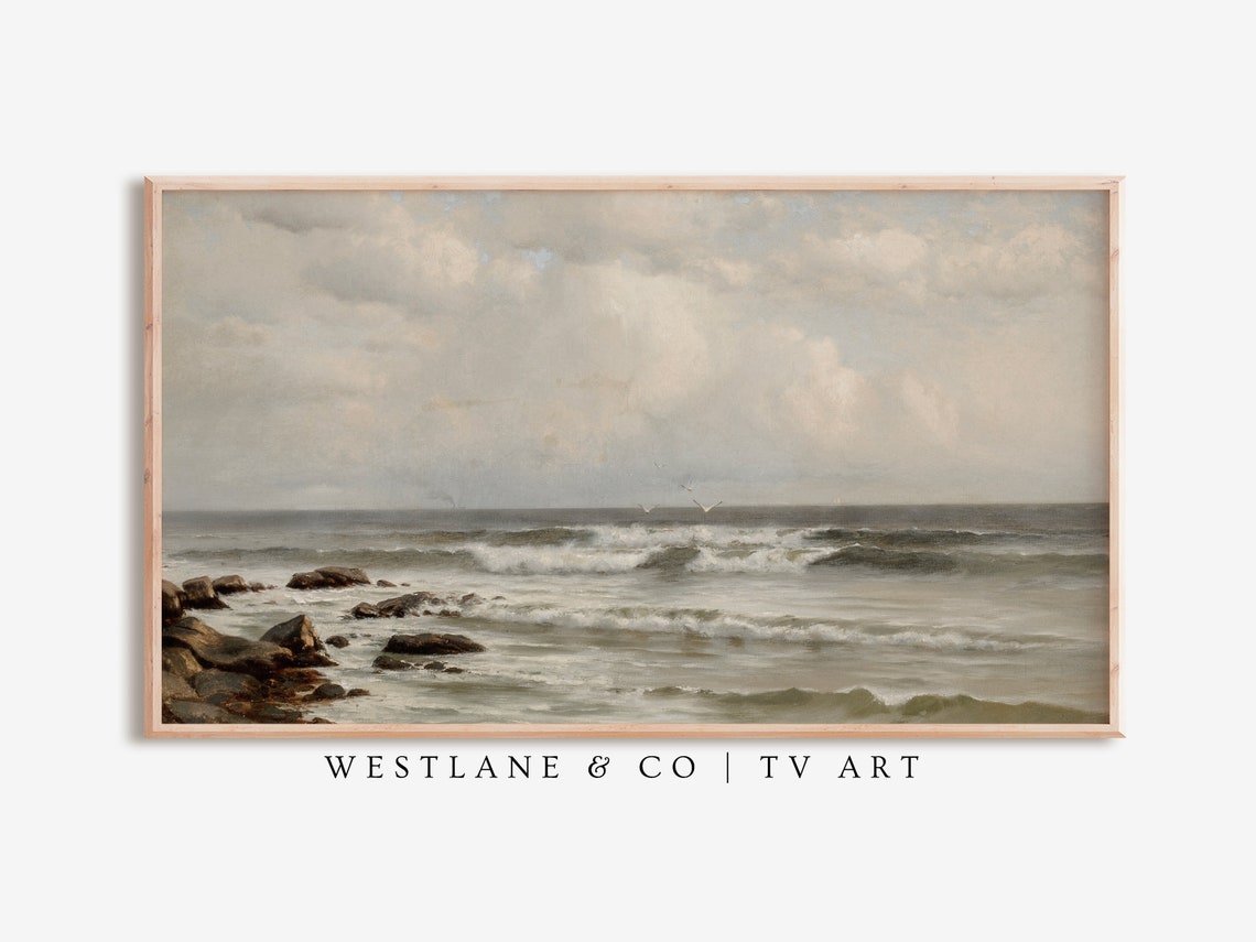 Vintage Seascape Ocean Waves Rocky Shore Moody Coastal Wall Art - Image 2