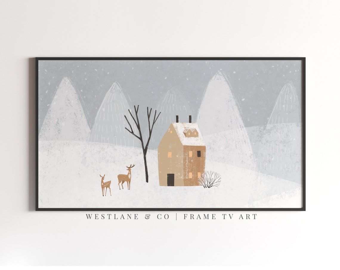 Minimal Nordic Winter Cottage With Deer Snowy Mountains Kids Wall Art
