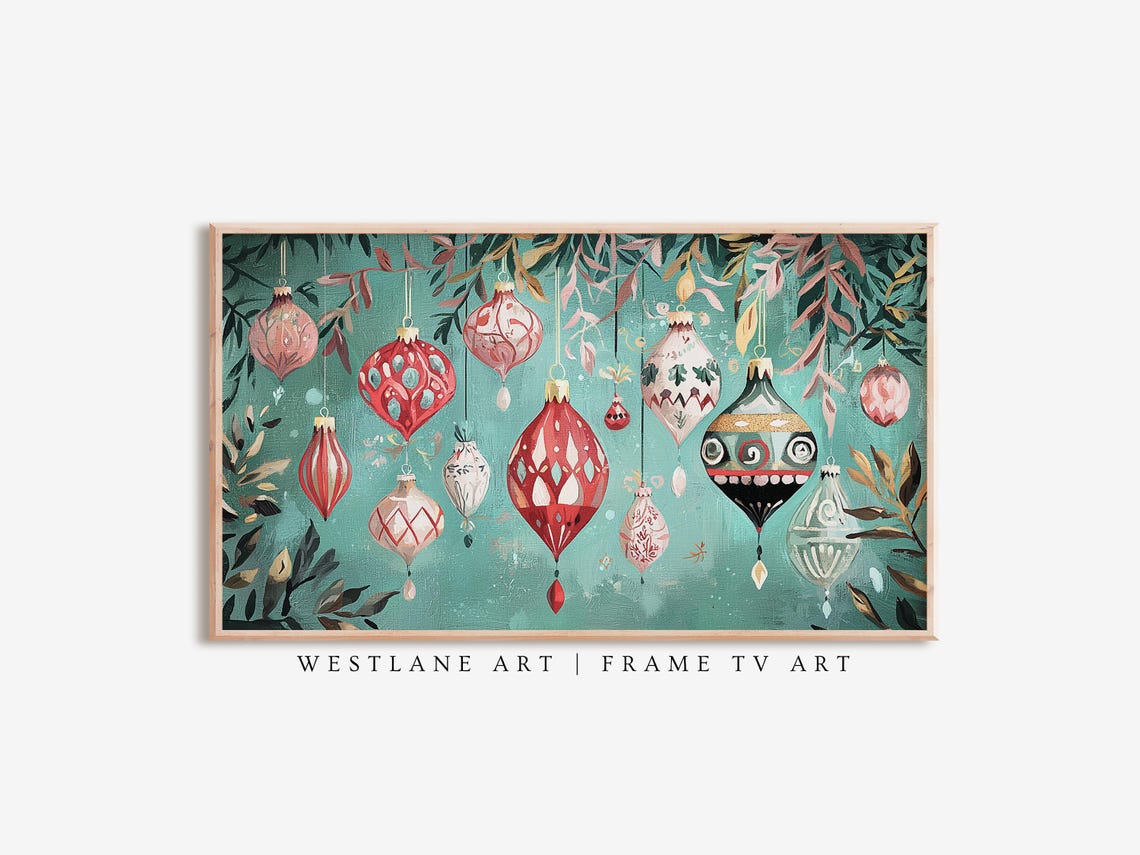 Nordic Christmas Ornaments Teal Background Festive Art Poster
