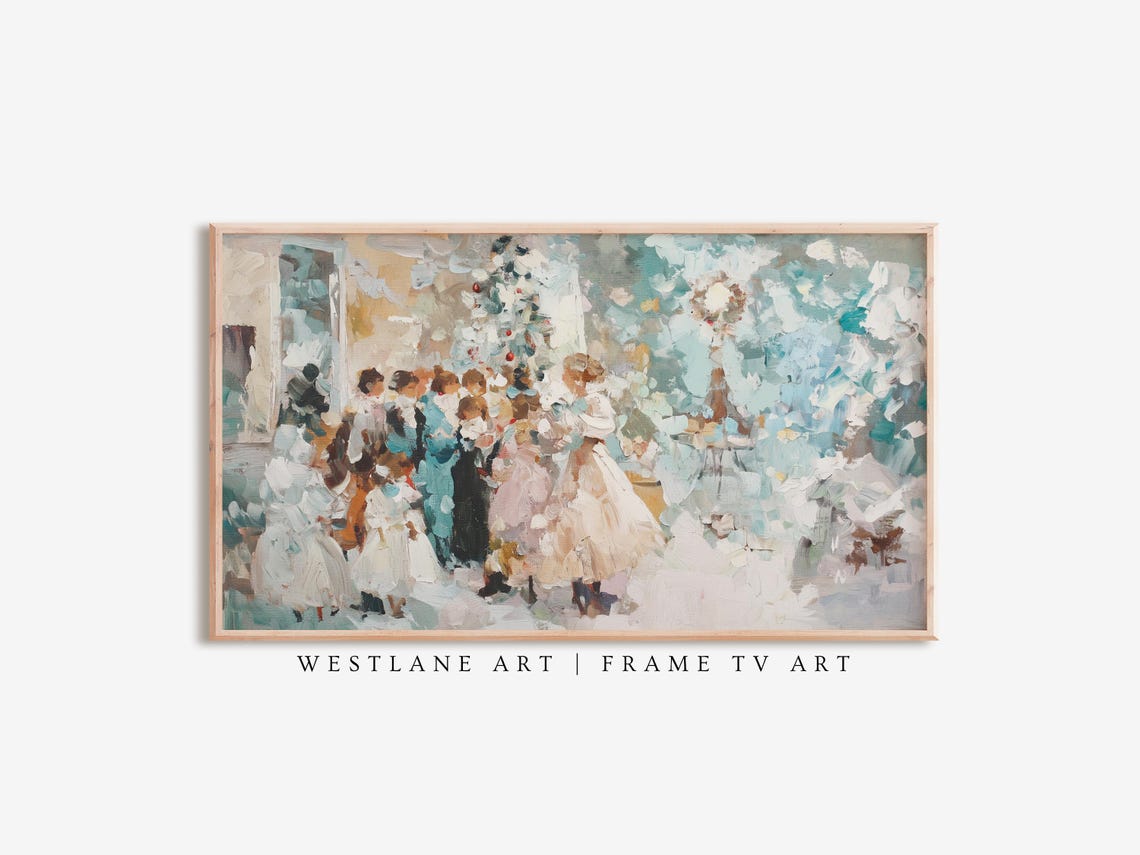 Abstract Christmas Party Around Tree Impressionist Painting Wall Art