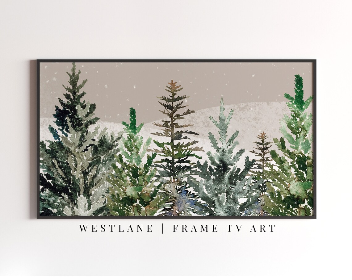 Watercolor Snowy Evergreen Forest Winter Pine Trees Painting Wall Art - Image 2