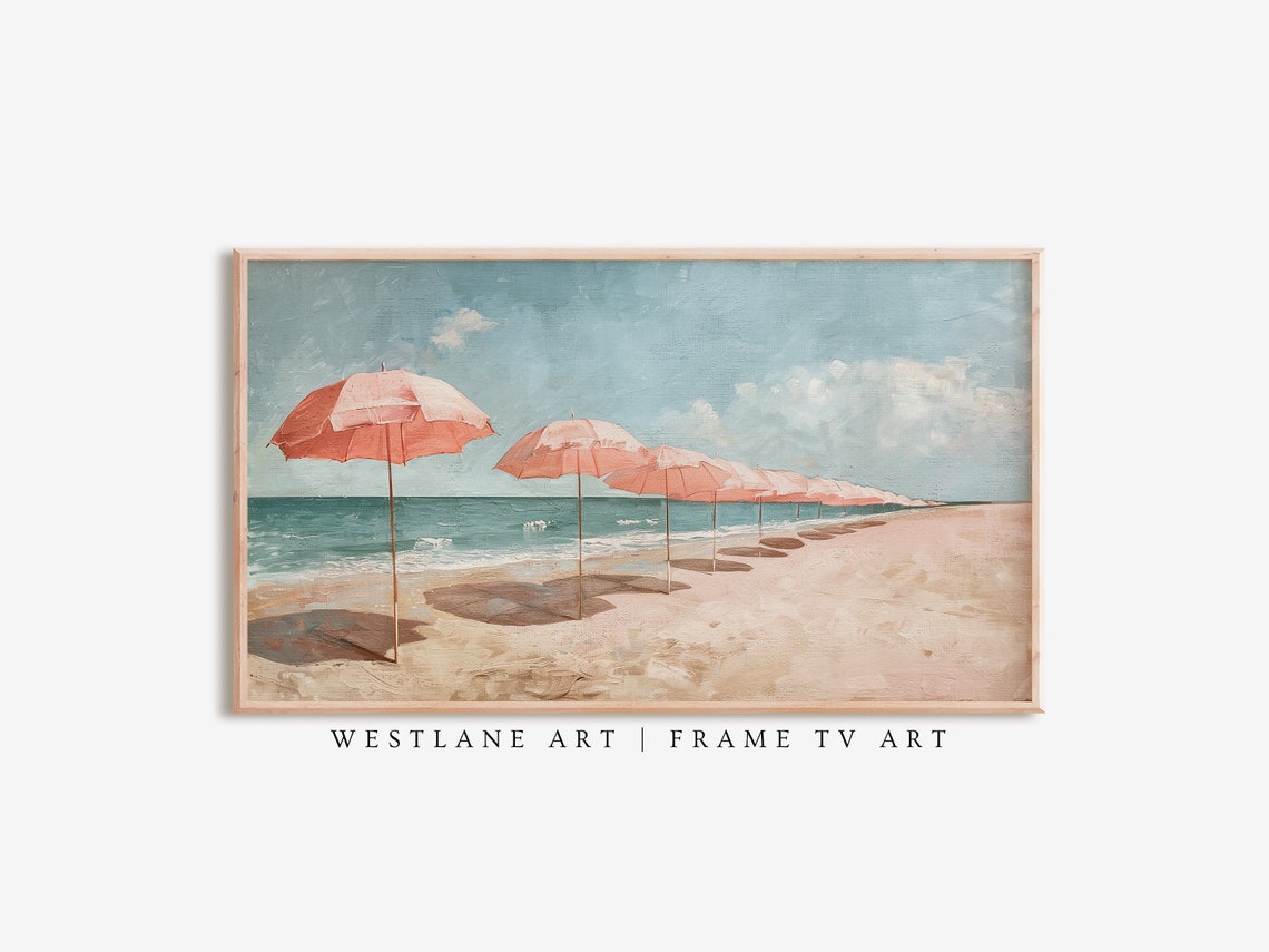 Pink Beach Umbrellas Row Vintage Coastal Ocean Shore Scene Poster