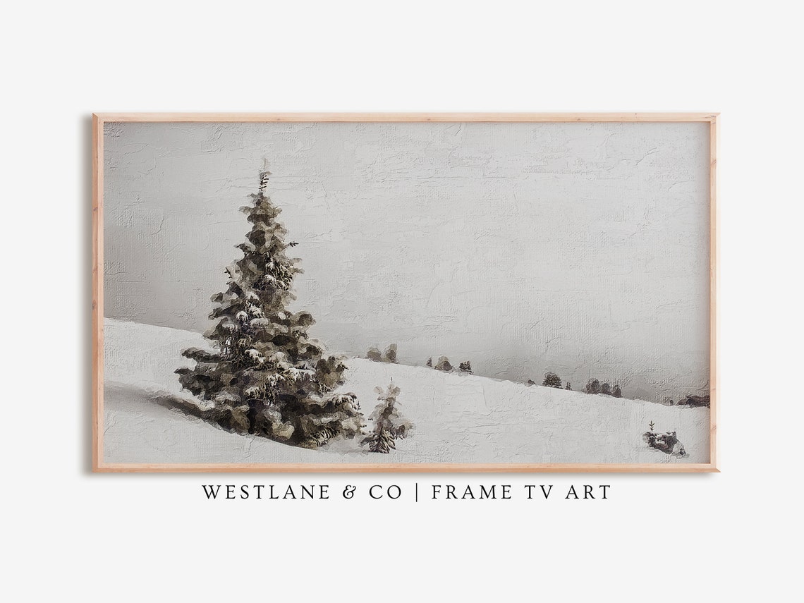 Snow Covered Evergreen Tree Winter Landscape Muted Christmas Wall Art