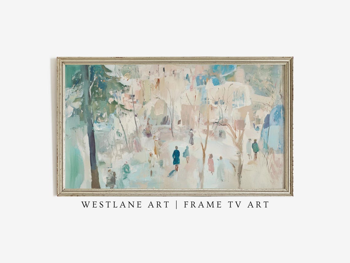 Abstract Pastel Christmas Scene Winter Figures in Snowy Square Print - Image 3