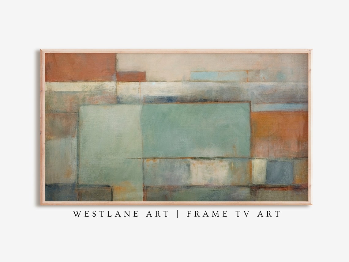 Mid Century Abstract Teal Burnt Orange Geometric Painting Wall Art