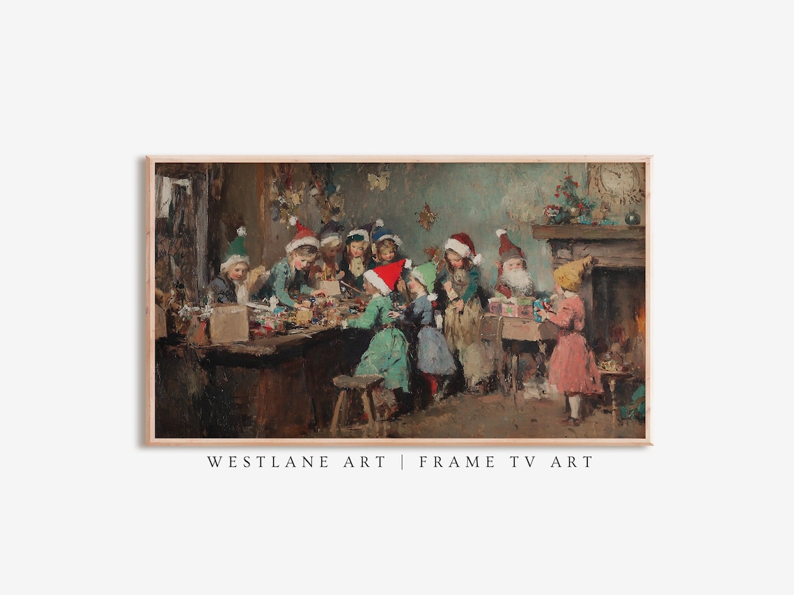 Santa Workshop Busy Elves Christmas Eve Vintage Painting Art Poster