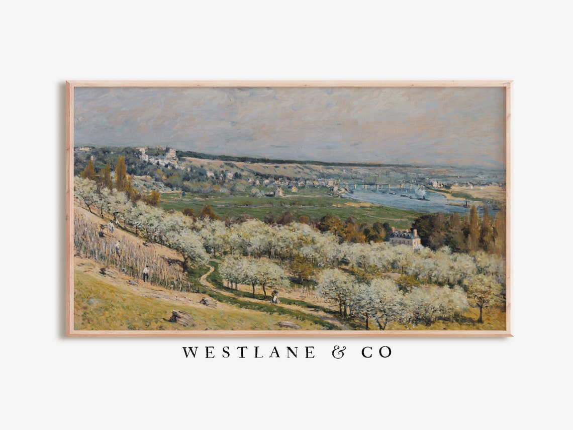 Spring Blossom Orchard River Valley Impressionist Landscape Wall Art