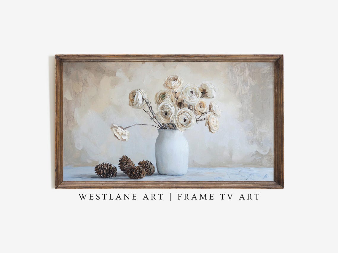 Cream Ranunculus Dried Flowers Vase Pinecones Rustic Still Life Poster