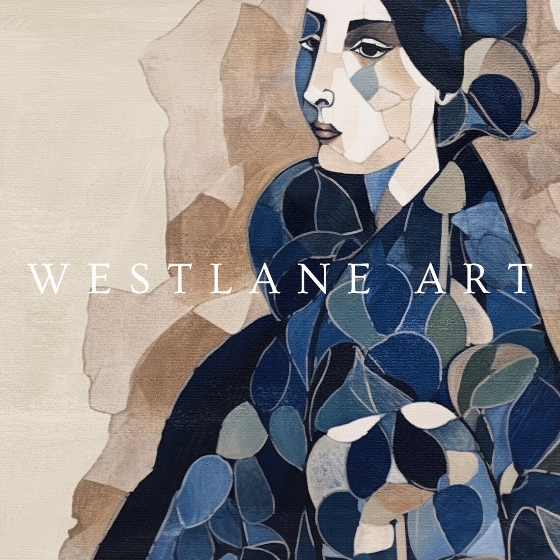 Navy Blue Abstract Woman Portrait Modern Cubist Painting Wall Art - Image 2