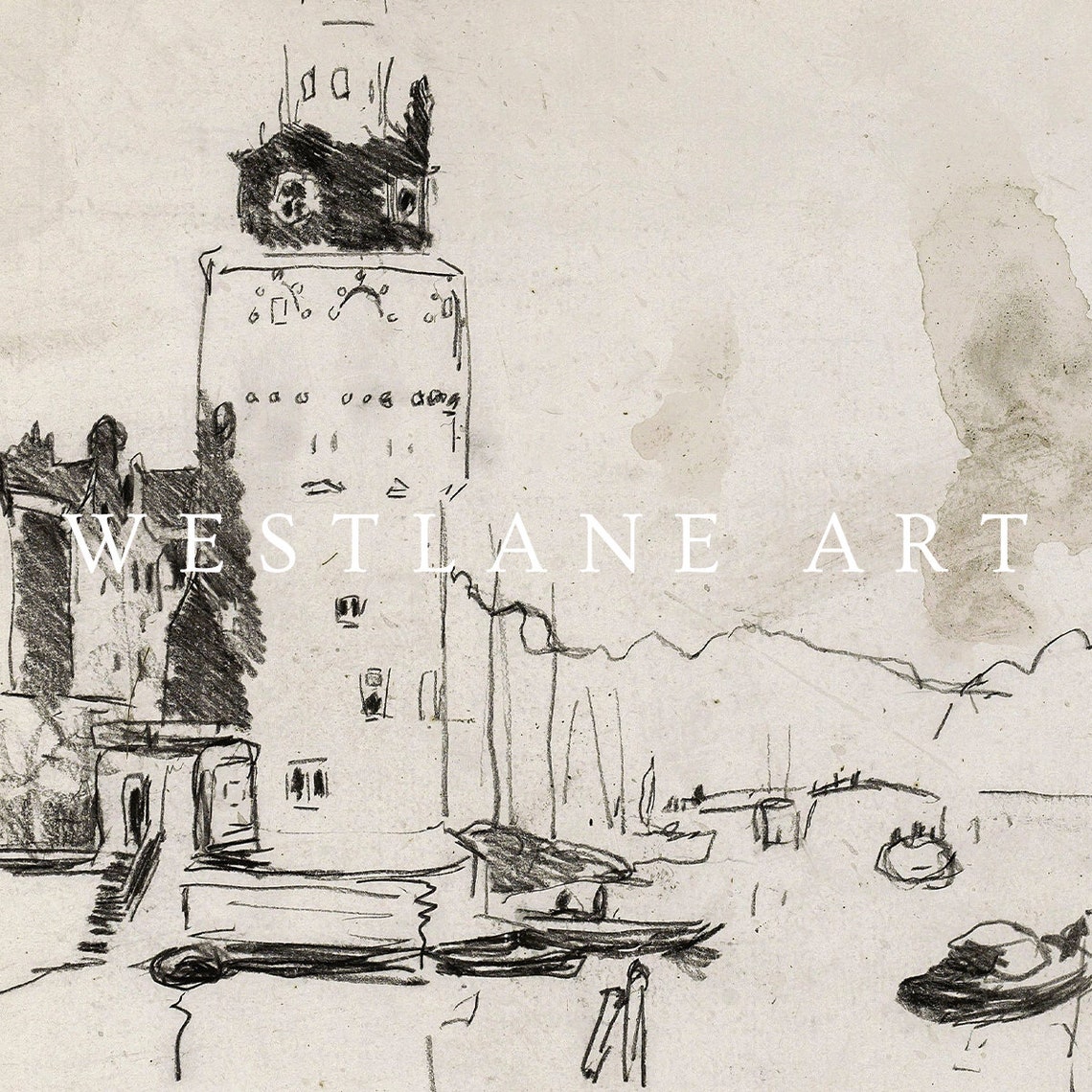 Rustic Neutral Cityscape Vintage Ink Sketch Old Town Tower Art Poster - Image 2