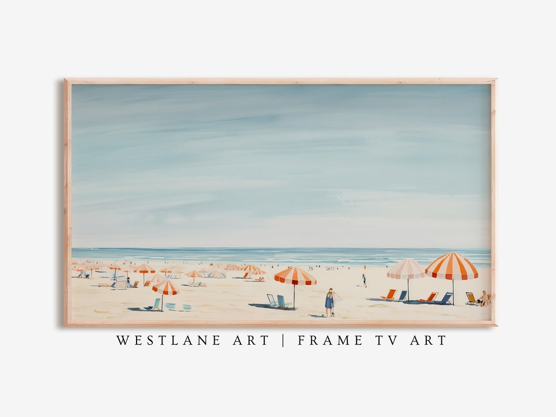 Modern Beach Coral Umbrellas Summer Coastal Painting Wall Art