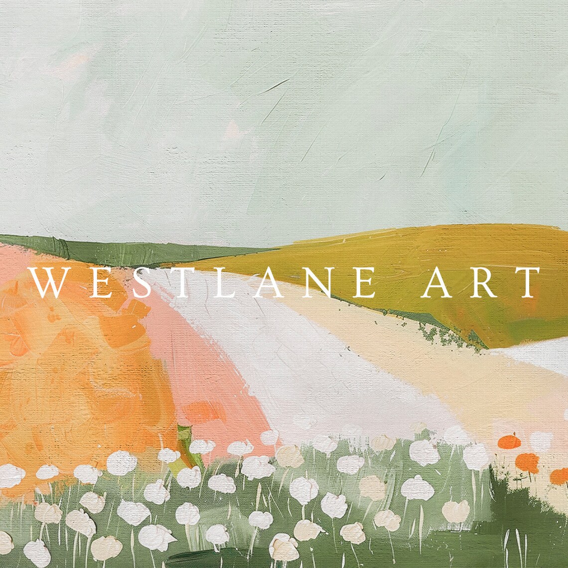 Modern Country Meadow Painting Peach Hills White Wildflowers Art Print - Image 2