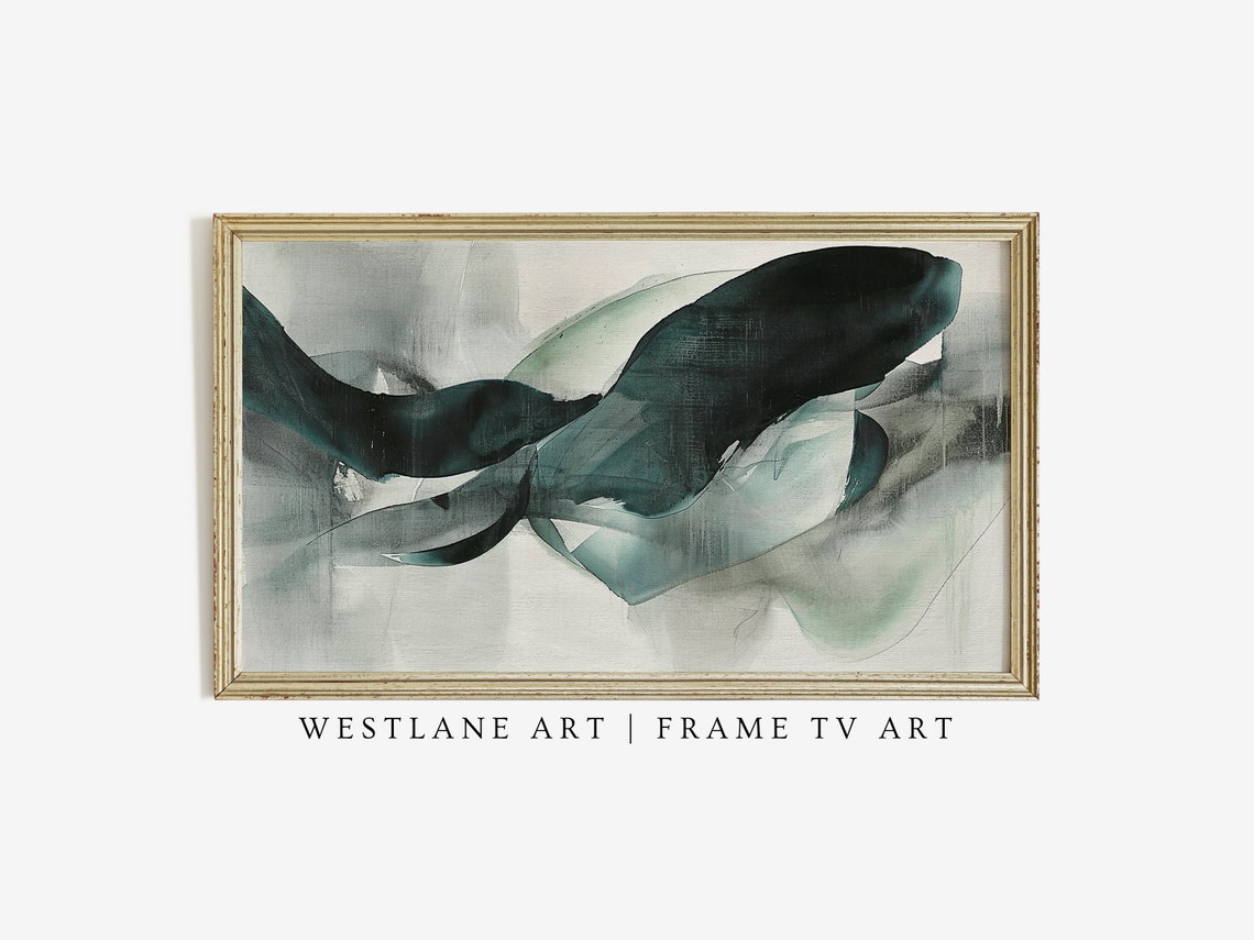Modern Abstract Teal Sweeping Brushstrokes Dark Green Canvas Poster - Image 2