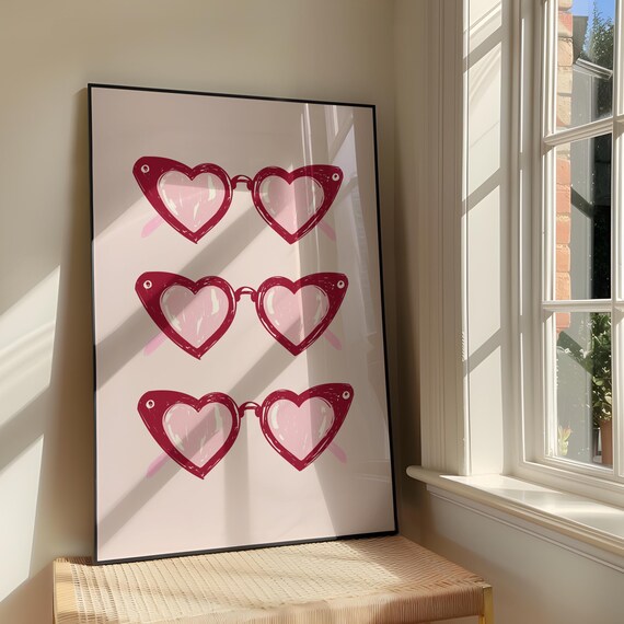 Heart Sunglasses Wall Art Print Bold Sassy Pink And Red Artwork Girly Coquette Decor Poster Design