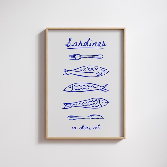 Sardines Kitchen Print Amalfi Coastal Navy Blue Fish Art 64