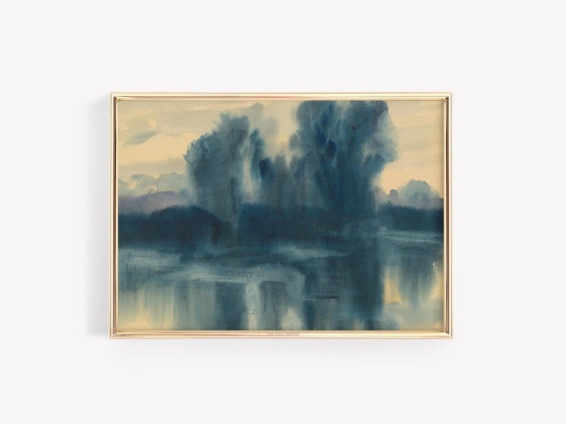 Blue Watercolor Abstract Lake Reflection Serene Landscape Poster