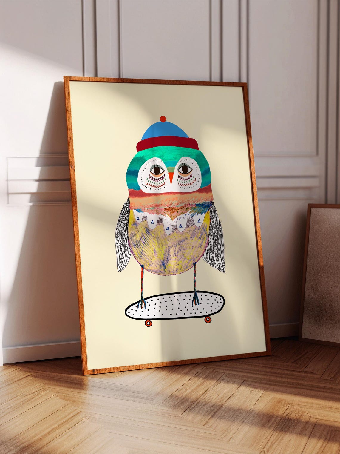 Owl on Skateboard Wearing Beanie Cute Colorful Kids Art Poster
