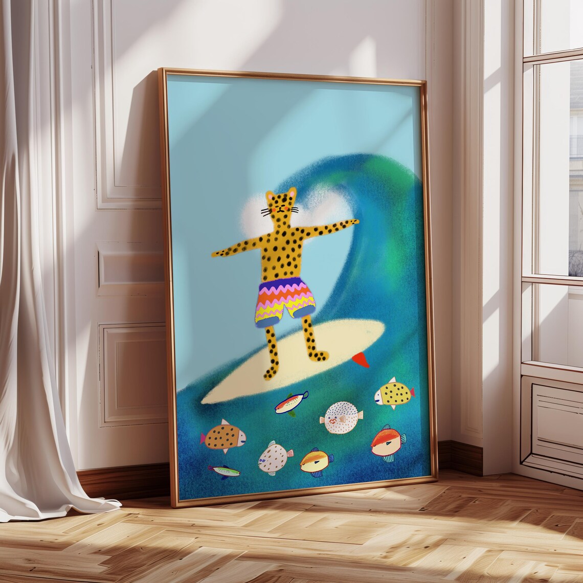 Spotted Leopard Surfing a Blue Wave Cute Kids Ocean Art Poster