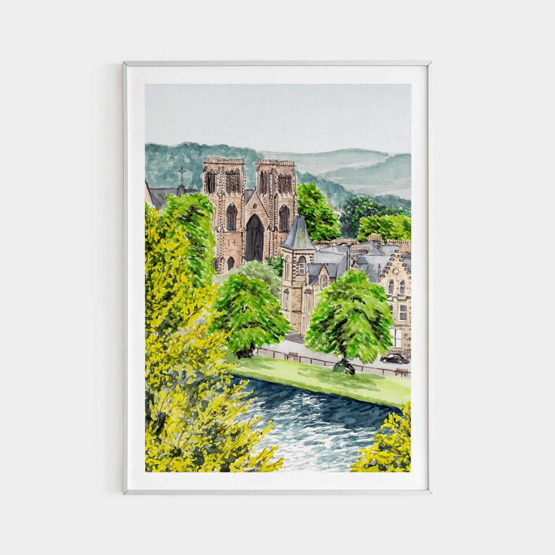 Inverness Scotland Cathedral Riverside Trees Watercolor Poster
