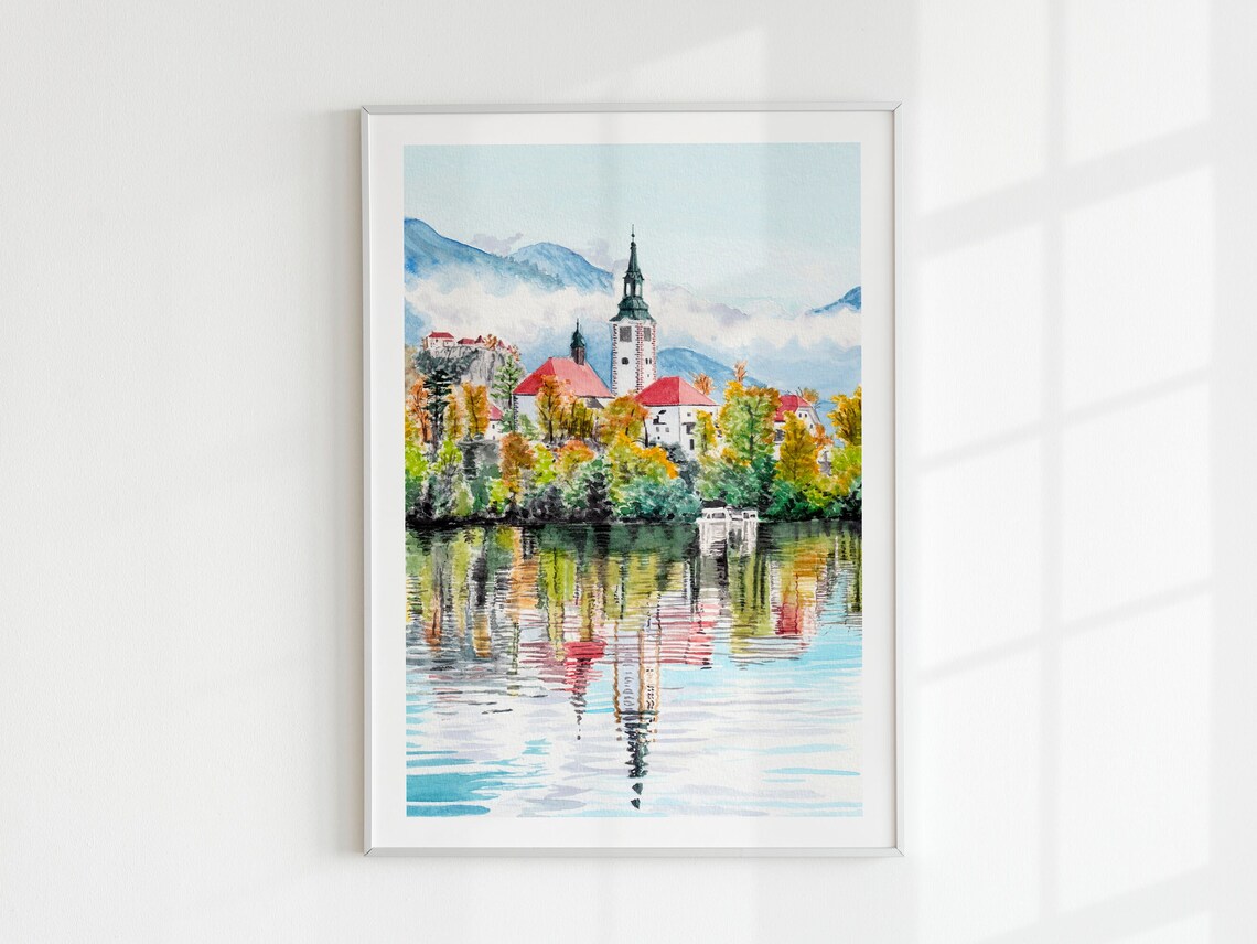 Lake Bled Watercolor Art Print, Slovenia Landscape - Image 2