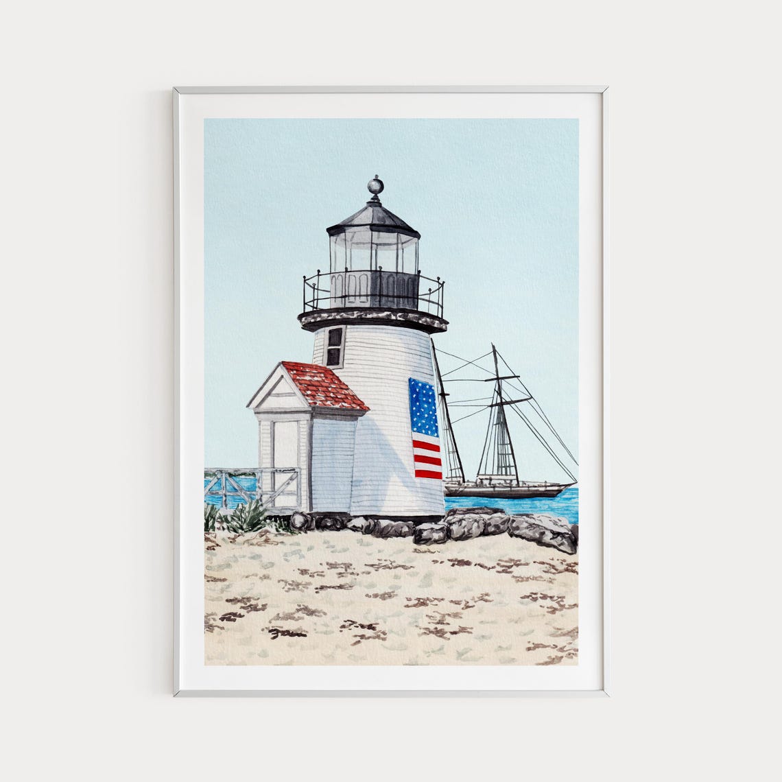 Brant Point Lighthouse Nantucket Tall Ship Watercolor Poster