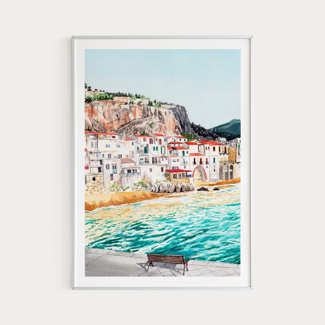 Cefalu Sicily Watercolor Travel Poster, Italy