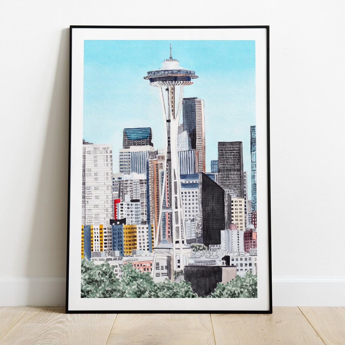 Seattle Space Needle City Skyline Watercolor Washington USA Poster - Image 2