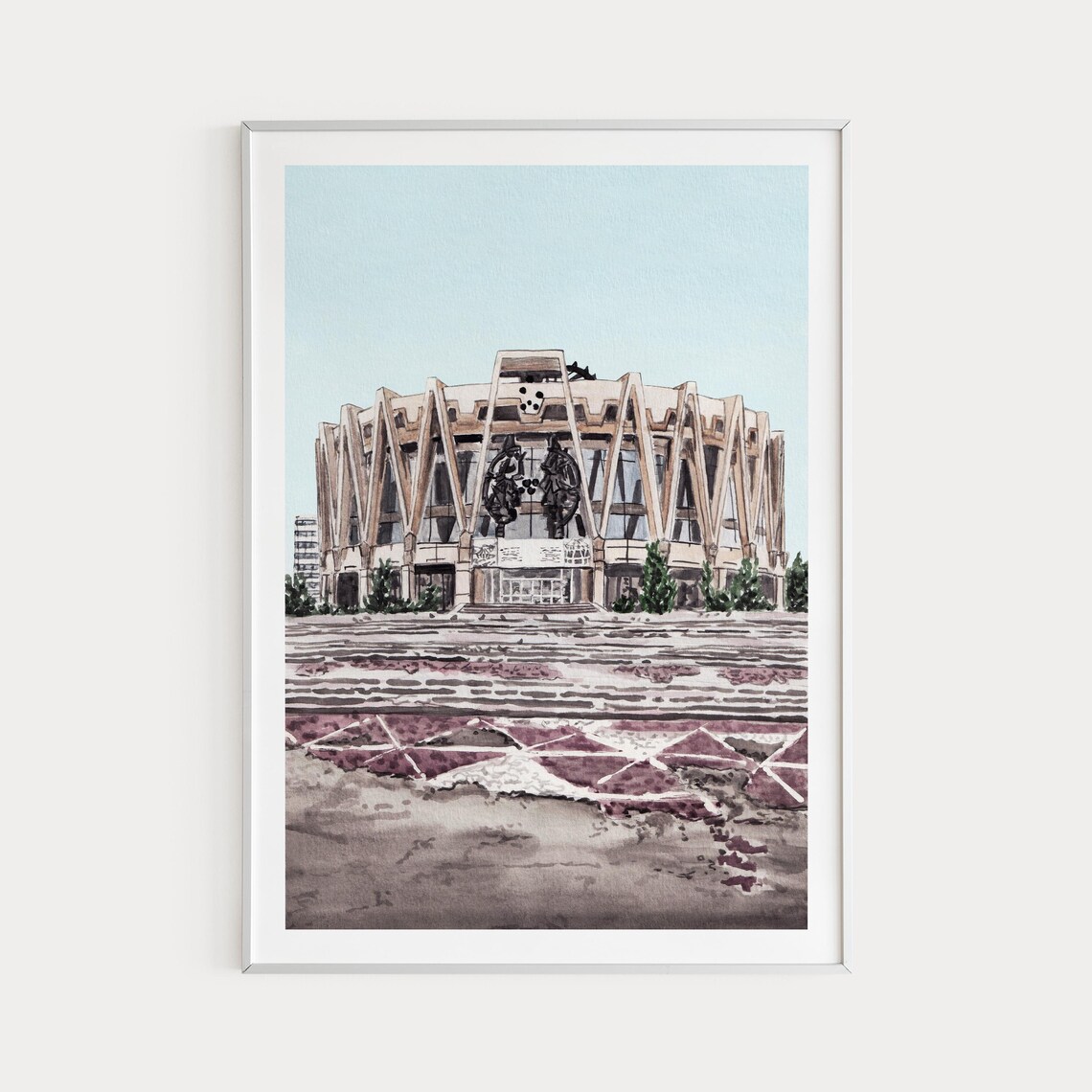 Chisinau Brutalist Round Building Watercolor Moldova Cityscape Poster