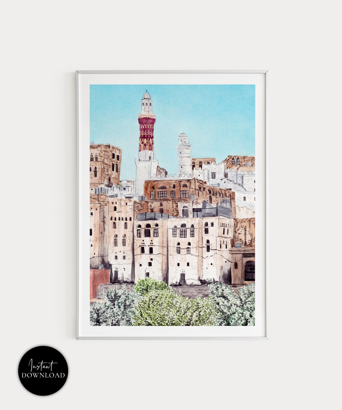 Jibla Yemen Historic Old Town Mosque Minaret Watercolor Art Poster