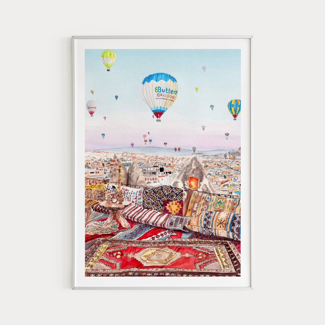 Cappadocia Watercolor Art Print, Turkey Landscape