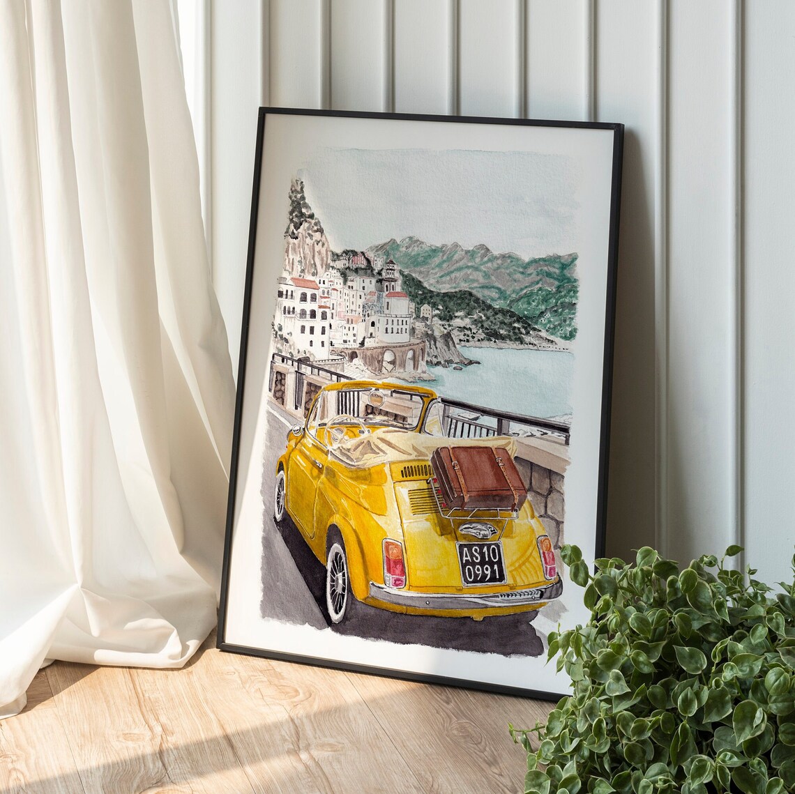 Vintage Yellow Fiat Convertible Positano Amalfi Coast Travel Poster - Image 3