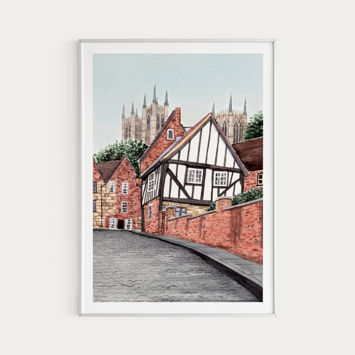 Lincoln England Cathedral Half Timbered Lane Watercolor Poster