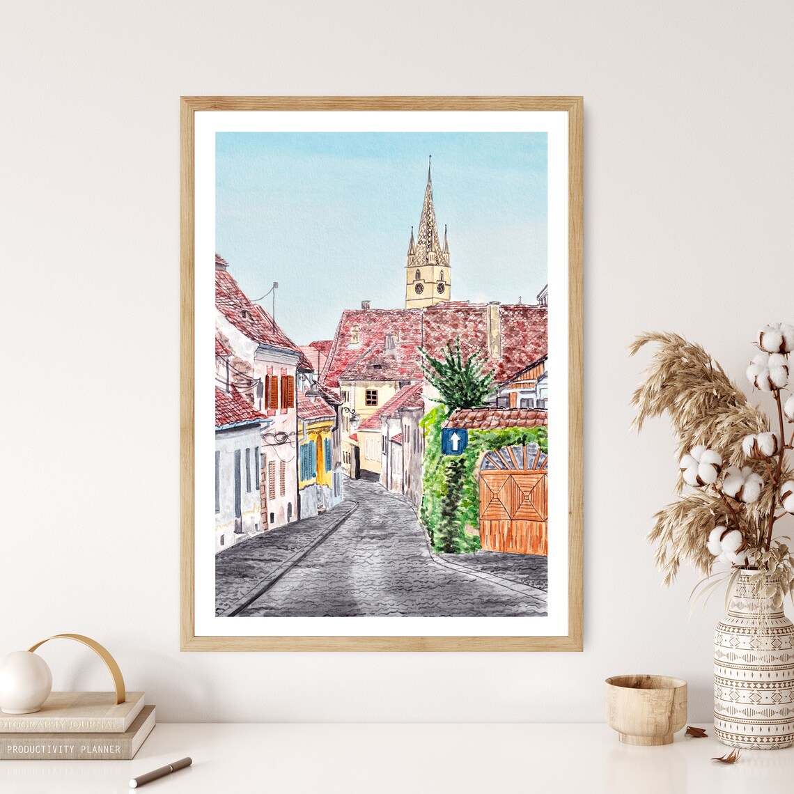 Sibiu Romania Cobblestone Street Church Spire Watercolor Poster - Image 2