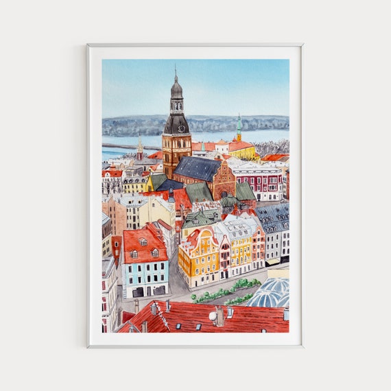 Riga Watercolor Cityscape Travel Poster, Latvia