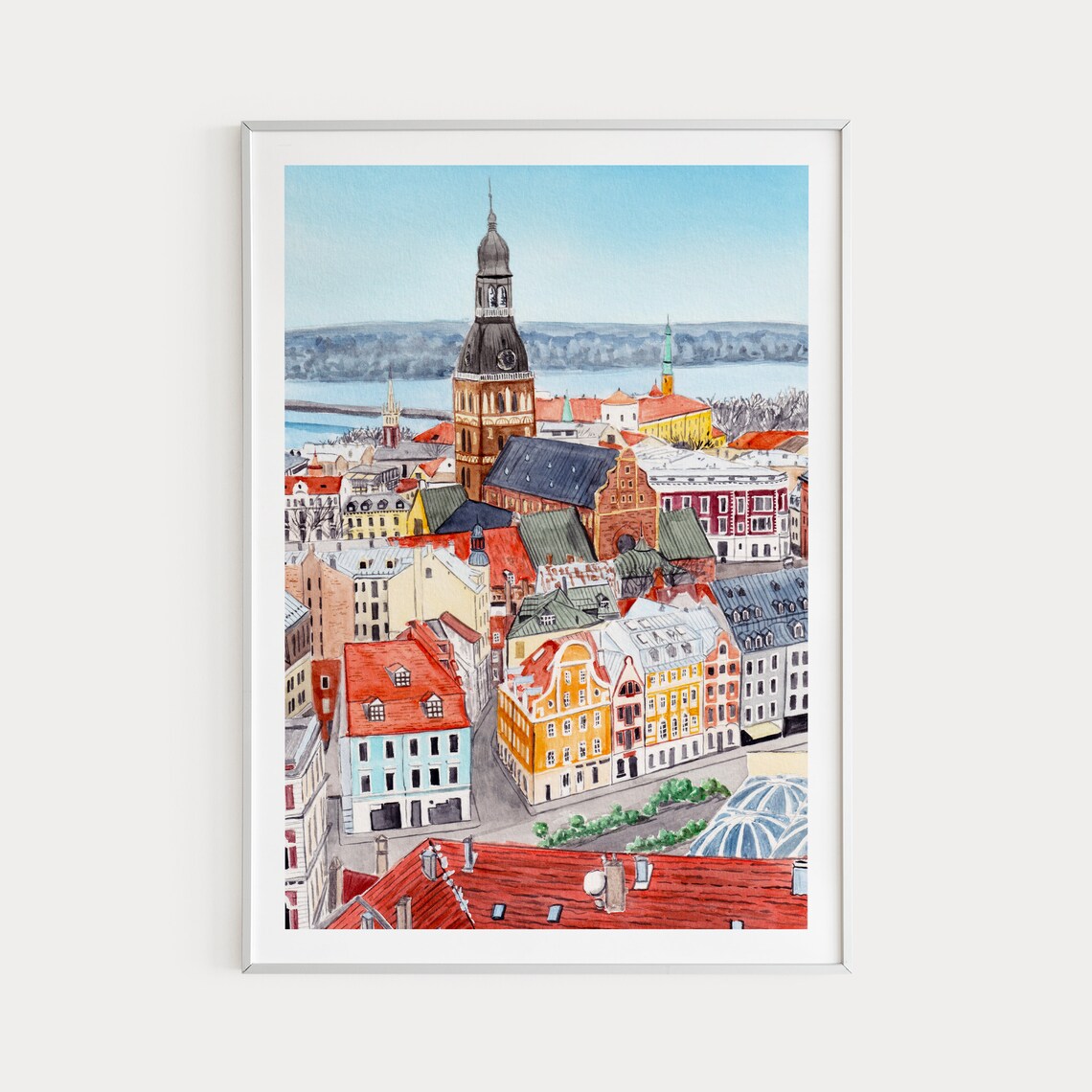 Riga Watercolor Cityscape Travel Poster, Latvia