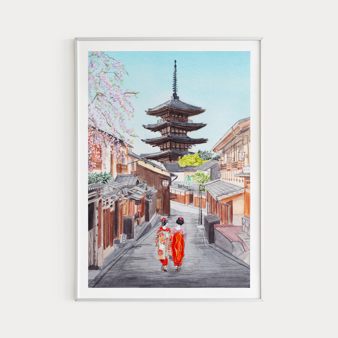 Kyoto Cityscape Watercolor Art Print, Japan Travel