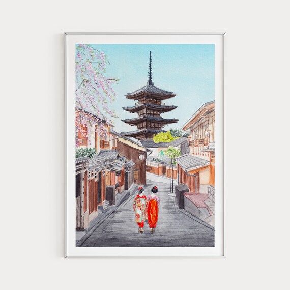 Kyoto Cityscape Watercolor Art Print, Japan Travel
