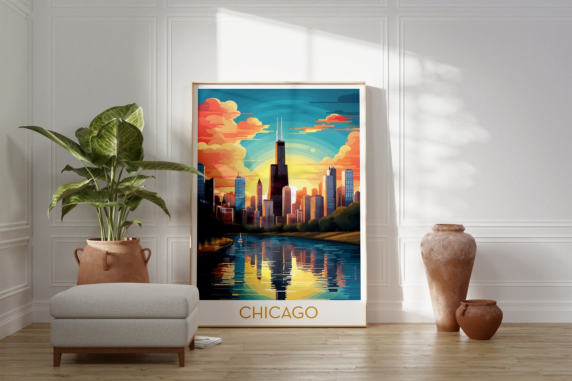 Chicago Skyline Sunset River Reflection Vintage Travel City Art Poster - Image 2