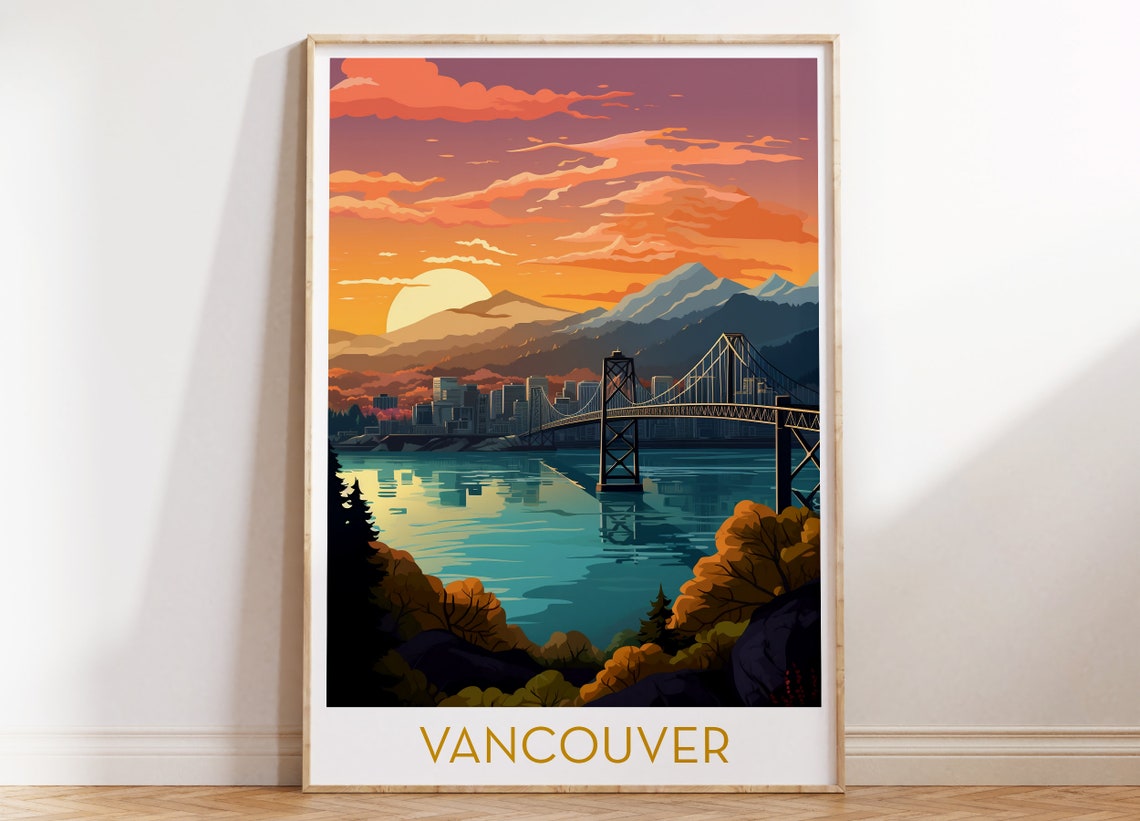 Vancouver Canada Sunset Poster with Lions Gate Bridge and Mountains