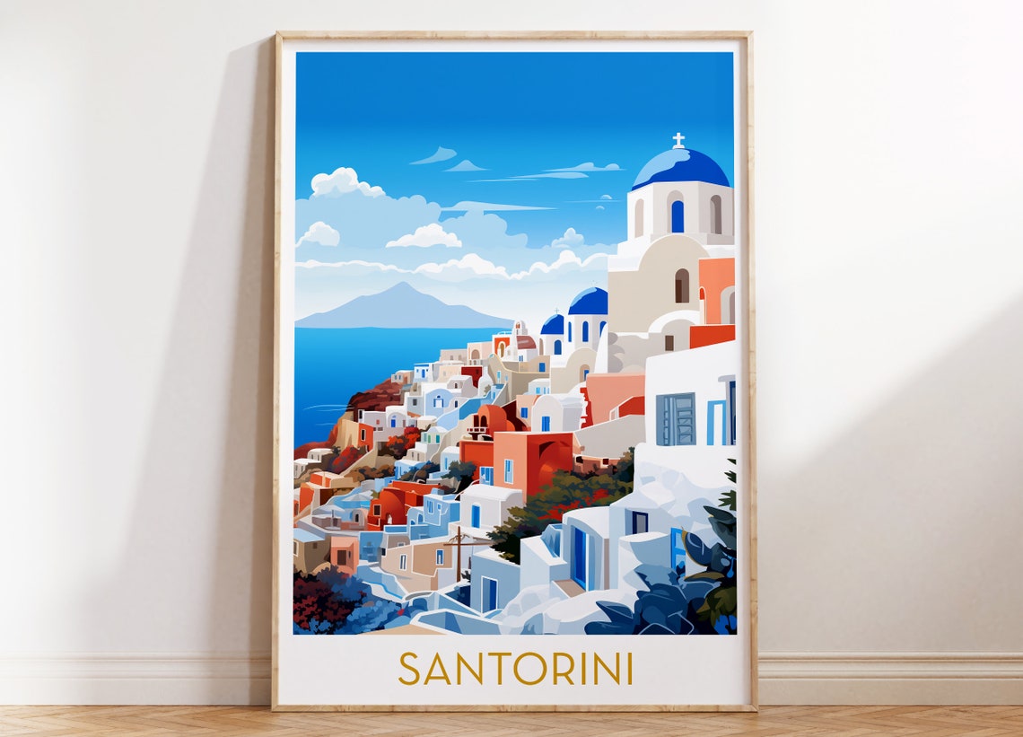 Santorini Greece Blue Domes Whitewashed Houses Pop Art Travel Poster