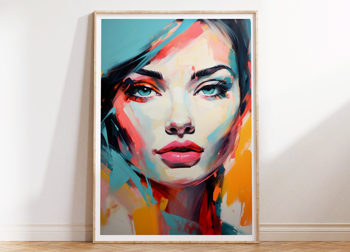 Teal Eyed Woman Colorful Brushstroke Portrait Modern Art Poster - Image 4