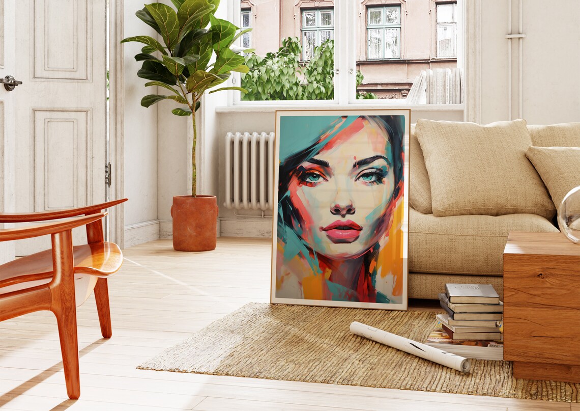 Teal Eyed Woman Colorful Brushstroke Portrait Modern Art Poster - Image 3