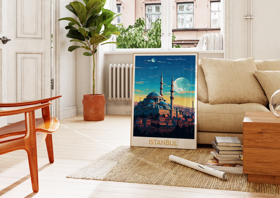 Istanbul Blue Mosque Moonlit Night Skyline Retro Travel Poster - Image 4