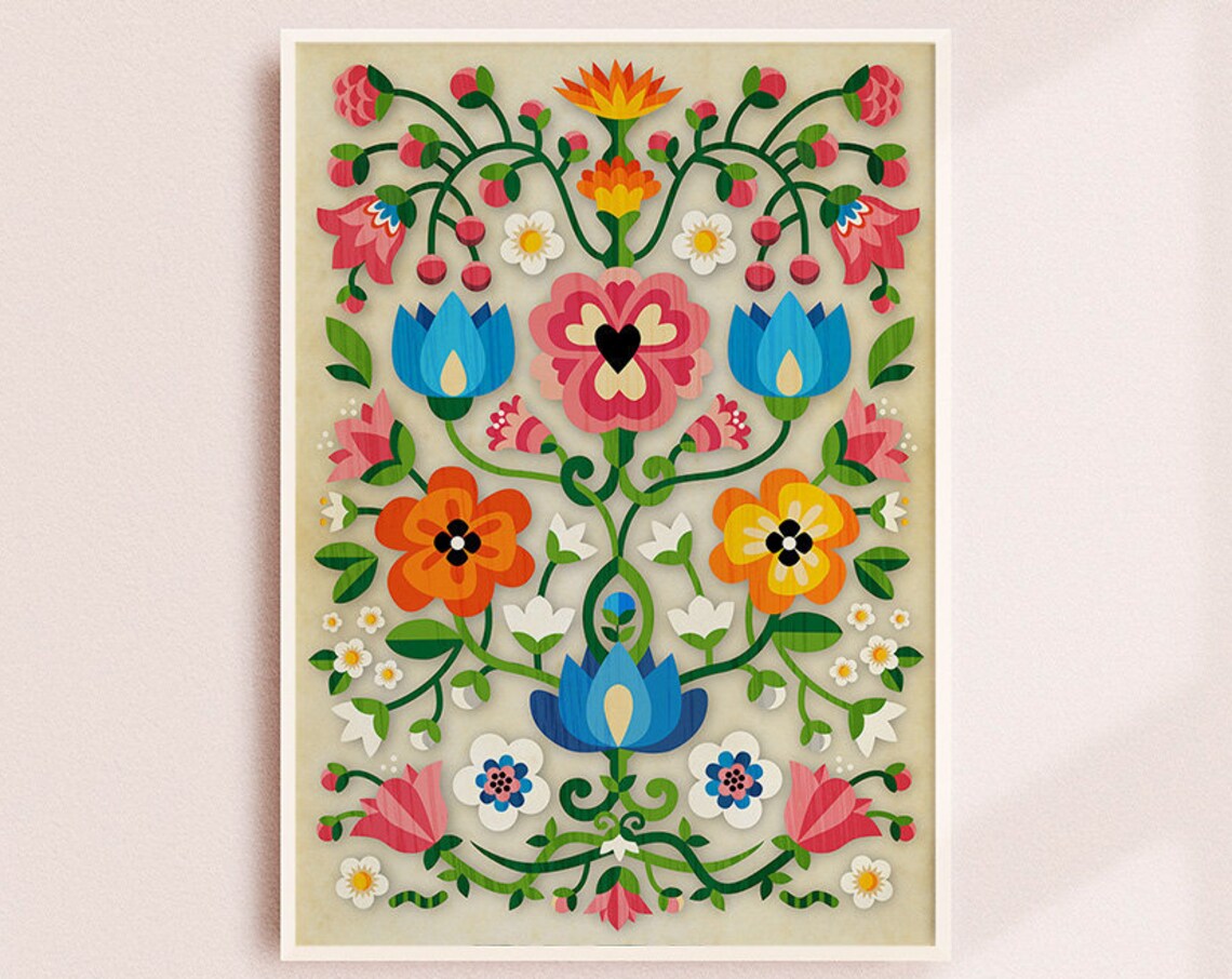 Mountain Flowers Folk Motif Art Print, Home Decor - Image 3