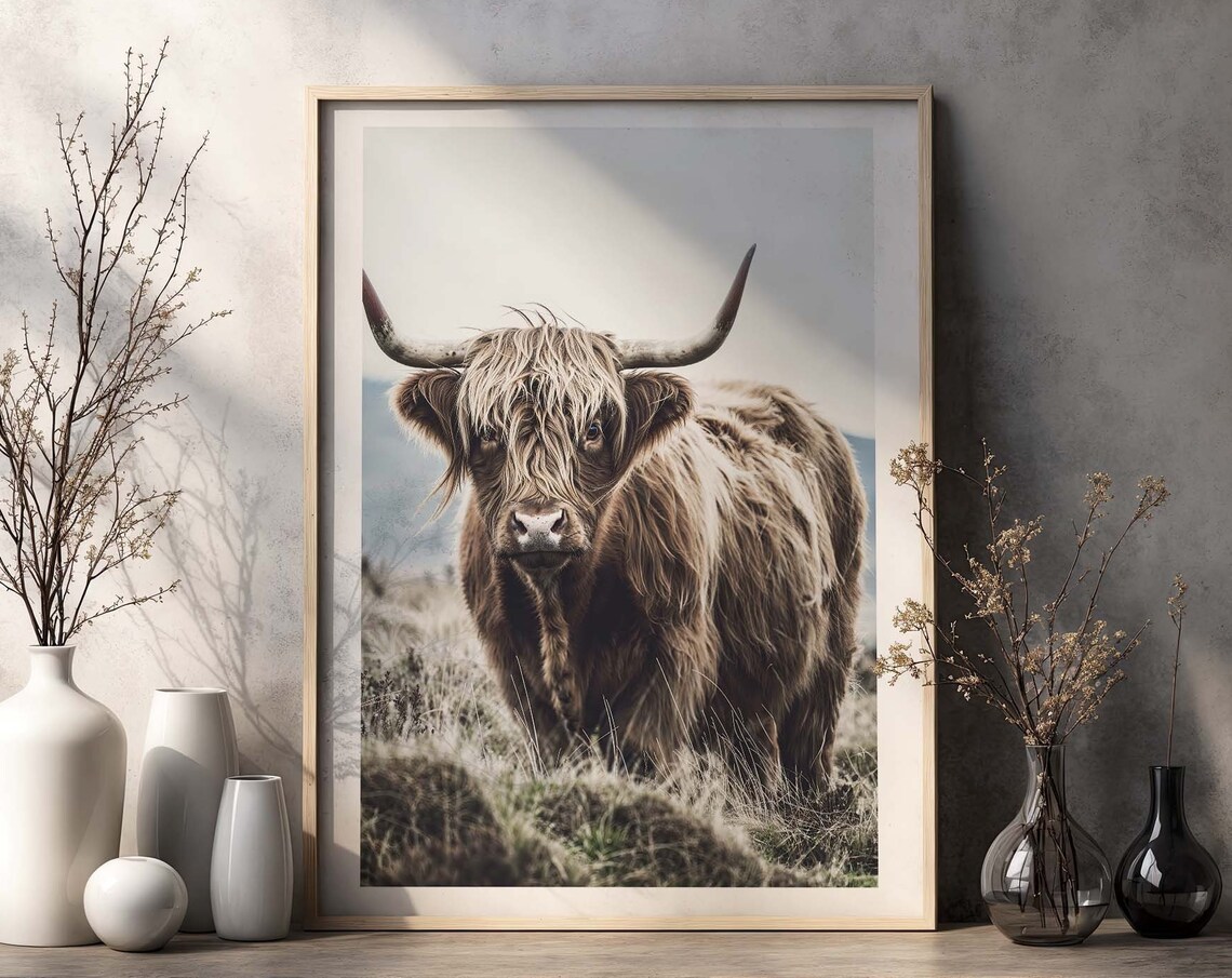 Scottish Highland Cow Standing in a Misty Pasture Meadow Poster
