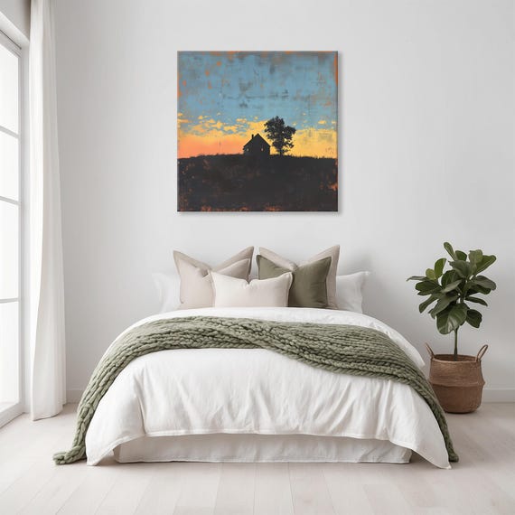 Vintage Farmhouse Sunrise Print Landscape Modern Painting Outdoor Nature Rustic Wall Print Airbnb Art Wall Decor