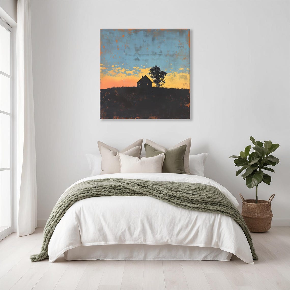 Lonely Farmhouse Silhouette Hill Moody Orange Blue Sunset Print