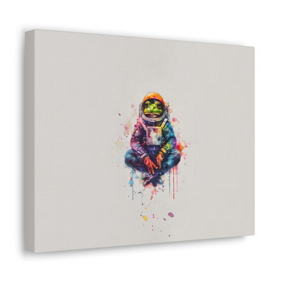 Frog Astronaut Watercolor Art Cute Space Explorer with Paint Splashes Wall Art