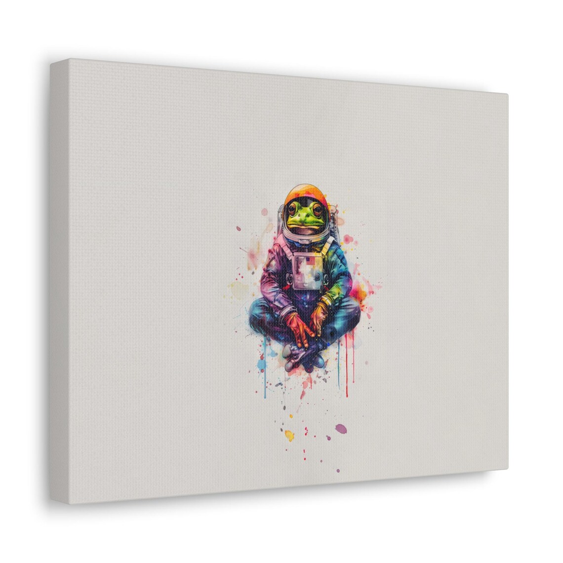 Frog Astronaut Watercolor Art Cute Space Explorer with Paint Splashes Wall Art