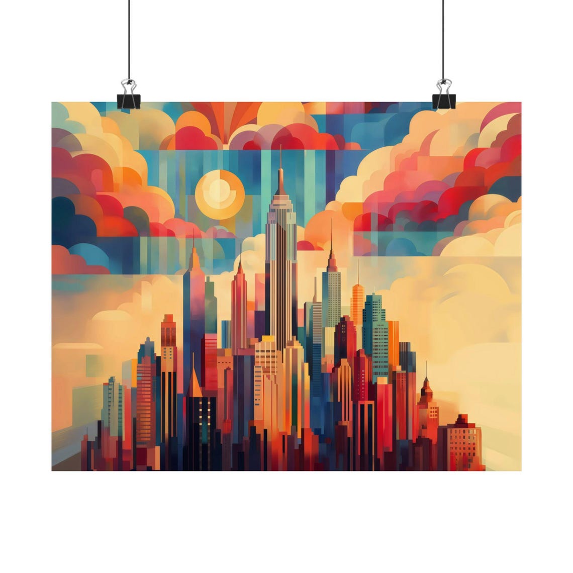 Art Deco New York City Skyline Painting With Sun And Clouds Poster
